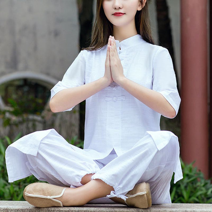 Buddha Stones 2 szt. Koszula z krótkim rękawem Top Spodnie Medytacja Zen Tai Chi Lniana odzież damska Zestaw