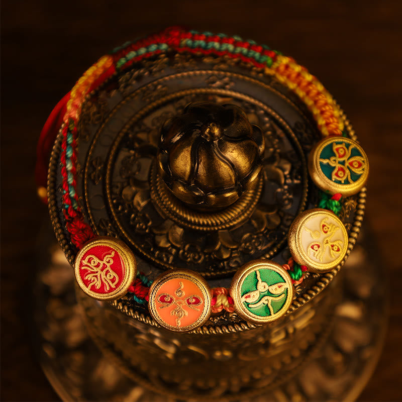 Buddha Stones Tybetańskie Pięć Bogów Bogactwa Kolorowa Lina Pleciona Bransoletka Szczęścia