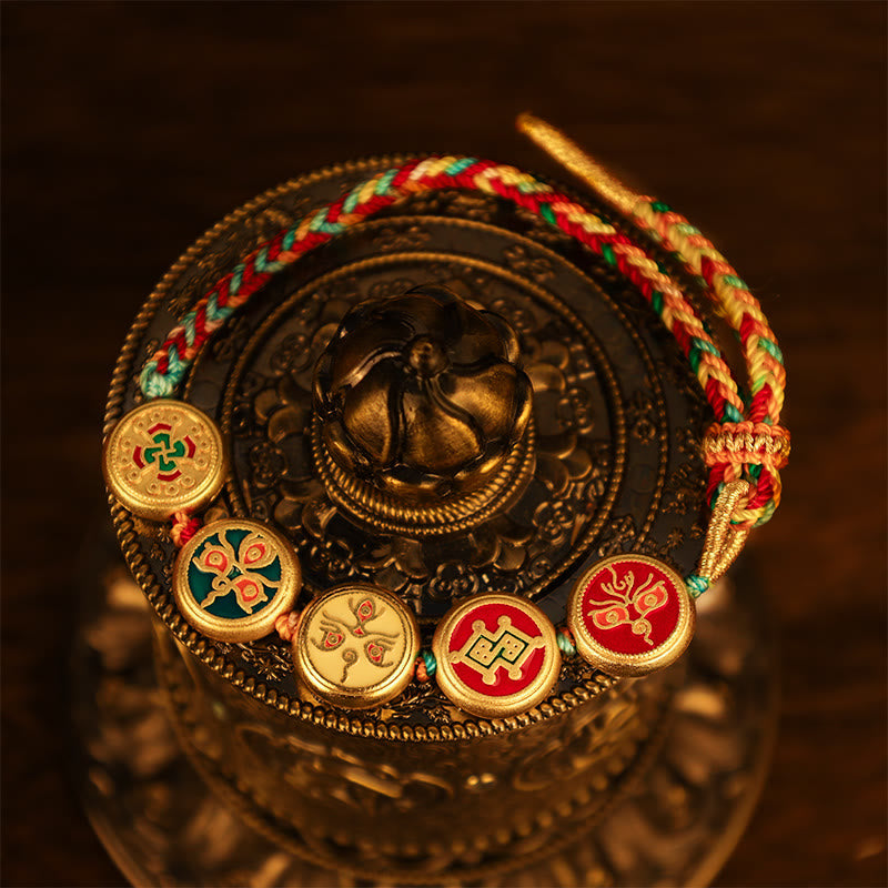 Buddha Stones Tybetańskie Pięć Bogów Bogactwa Kolorowa Lina Pleciona Bransoletka Szczęścia
