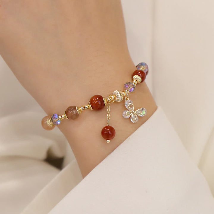 Buddha Stones Naturalny Fu Lu Shou Tęczowy Kryształ Rutilated Quartz Bransoletka z Motylem i Zawieszką Bogactwa