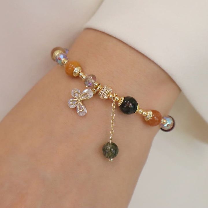 Buddha Stones Naturalny Fu Lu Shou Tęczowy Kryształ Rutilated Quartz Bransoletka z Motylem i Zawieszką Bogactwa