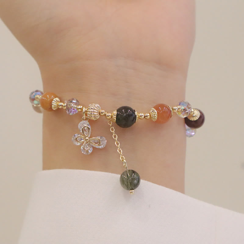 Buddha Stones Naturalny Fu Lu Shou Tęczowy Kryształ Rutilated Quartz Bransoletka z Motylem i Zawieszką Bogactwa