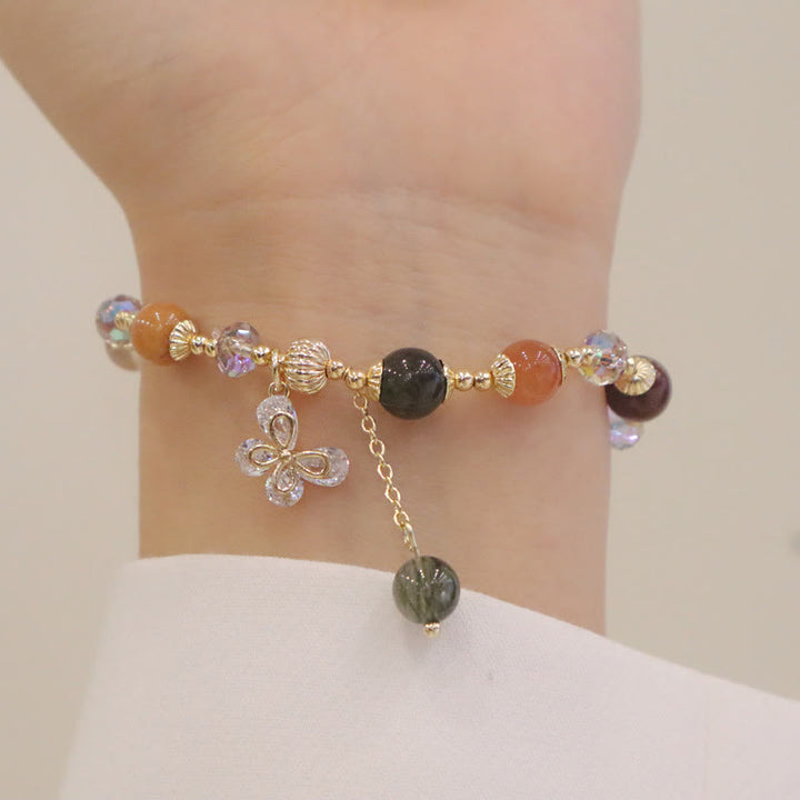 Buddha Stones Naturalny Fu Lu Shou Tęczowy Kryształ Rutilated Quartz Bransoletka z Motylem i Zawieszką Bogactwa
