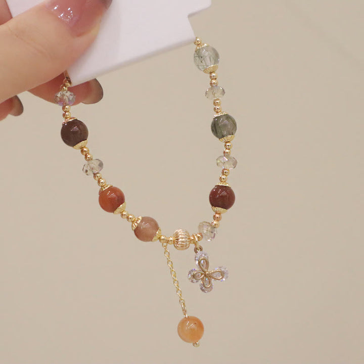Buddha Stones Naturalny Fu Lu Shou Tęczowy Kryształ Rutilated Quartz Bransoletka z Motylem i Zawieszką Bogactwa