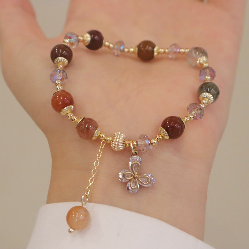 Buddha Stones Naturalny Fu Lu Shou Tęczowy Kryształ Rutilated Quartz Bransoletka z Motylem i Zawieszką Bogactwa