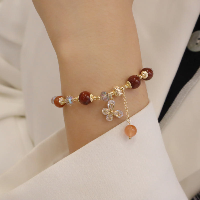 Buddha Stones Naturalny Fu Lu Shou Tęczowy Kryształ Rutilated Quartz Bransoletka z Motylem i Zawieszką Bogactwa