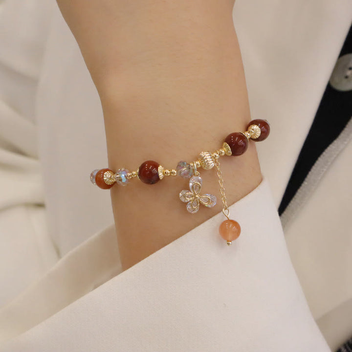 Buddha Stones Naturalny Fu Lu Shou Tęczowy Kryształ Rutilated Quartz Bransoletka z Motylem i Zawieszką Bogactwa
