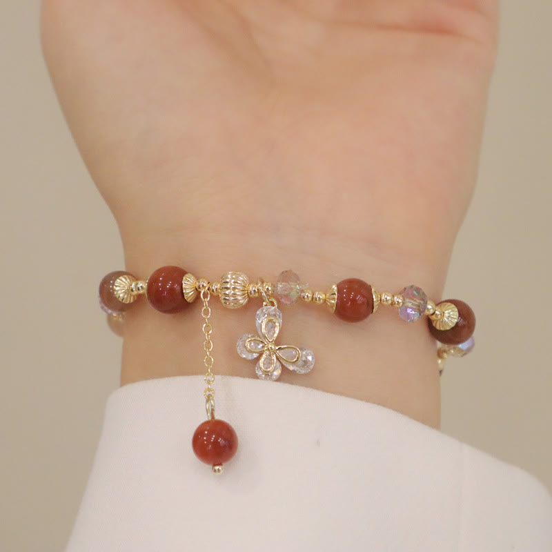 Buddha Stones Naturalny Fu Lu Shou Tęczowy Kryształ Rutilated Quartz Bransoletka z Motylem i Zawieszką Bogactwa
