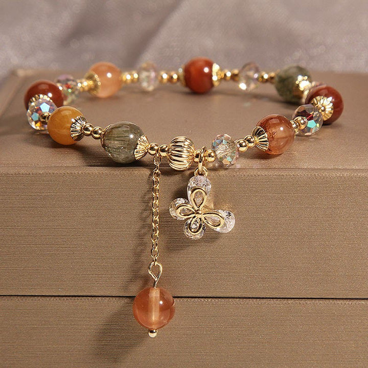 Buddha Stones Naturalny Fu Lu Shou Tęczowy Kryształ Rutilated Quartz Bransoletka z Motylem i Zawieszką Bogactwa