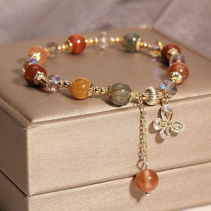 Buddha Stones Naturalny Fu Lu Shou Tęczowy Kryształ Rutilated Quartz Bransoletka z Motylem i Zawieszką Bogactwa