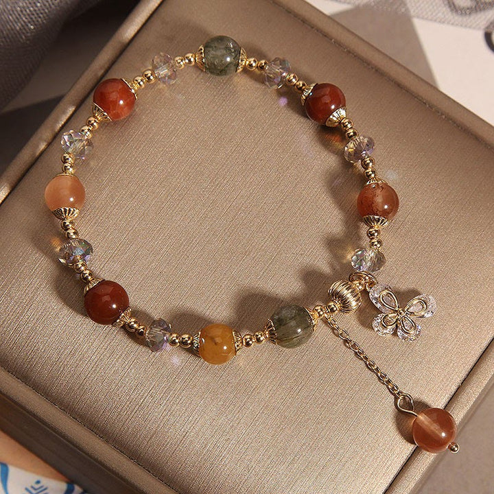Buddha Stones Naturalny Fu Lu Shou Tęczowy Kryształ Rutilated Quartz Bransoletka z Motylem i Zawieszką Bogactwa