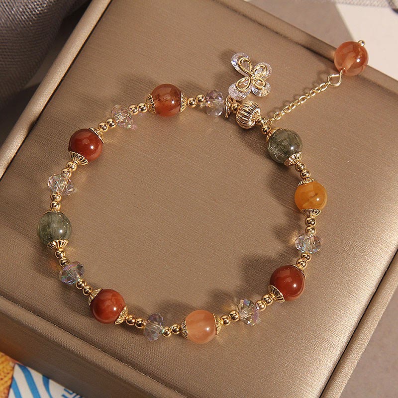 Buddha Stones Naturalny Fu Lu Shou Tęczowy Kryształ Rutilated Quartz Bransoletka z Motylem i Zawieszką Bogactwa