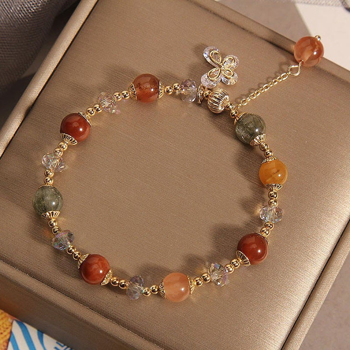 Buddha Stones Naturalny Fu Lu Shou Tęczowy Kryształ Rutilated Quartz Bransoletka z Motylem i Zawieszką Bogactwa