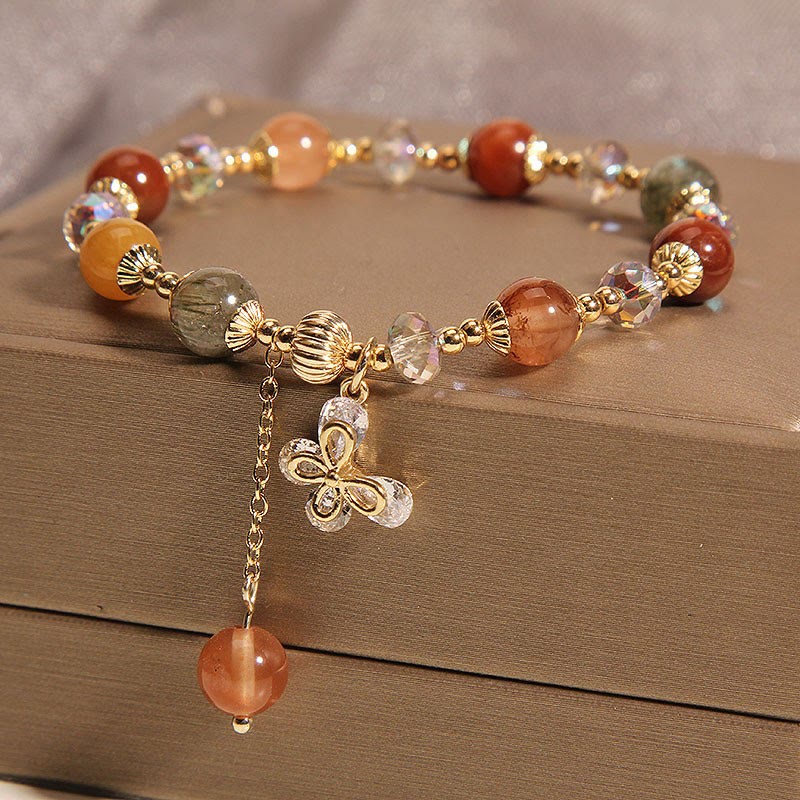Buddha Stones Naturalny Fu Lu Shou Tęczowy Kryształ Rutilated Quartz Bransoletka z Motylem i Zawieszką Bogactwa