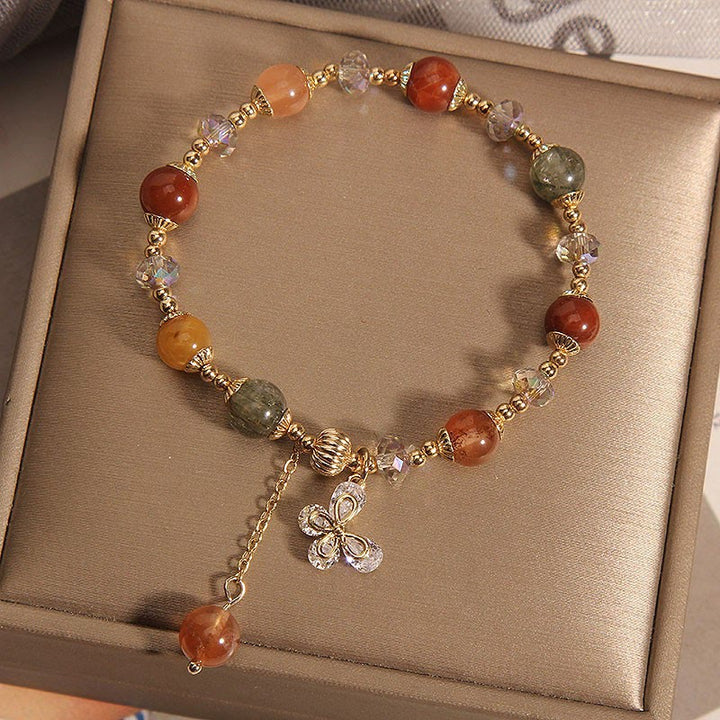 Buddha Stones Naturalny Fu Lu Shou Tęczowy Kryształ Rutilated Quartz Bransoletka z Motylem i Zawieszką Bogactwa