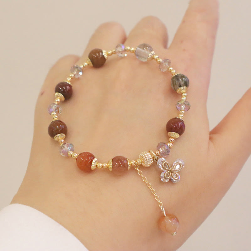 Buddha Stones Naturalny Fu Lu Shou Tęczowy Kryształ Rutilated Quartz Bransoletka z Motylem i Zawieszką Bogactwa