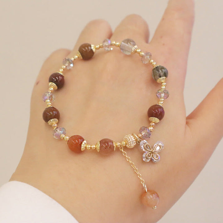 Buddha Stones Naturalny Fu Lu Shou Tęczowy Kryształ Rutilated Quartz Bransoletka z Motylem i Zawieszką Bogactwa