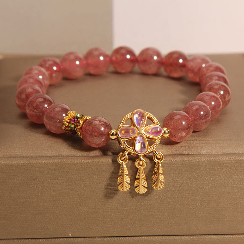Buddha Stones Naturalne Truskawkowe Kwarcowe Czterolistna Koniczyna Łapacz Snów Bransoletka Miłosna