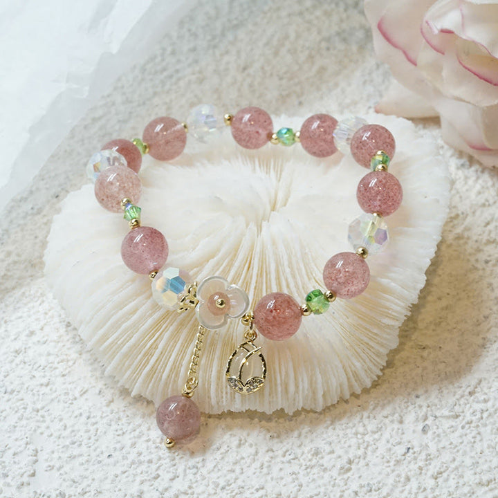 Buddha Stones Kwarc truskawkowy Kwarc rutylowy Fluoryt Bransoletka lecznicza z kwiatem