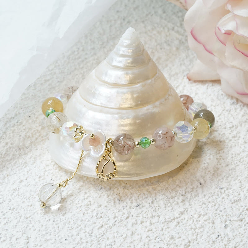 Buddha Stones Kwarc truskawkowy Kwarc rutylowy Fluoryt Bransoletka lecznicza z kwiatem