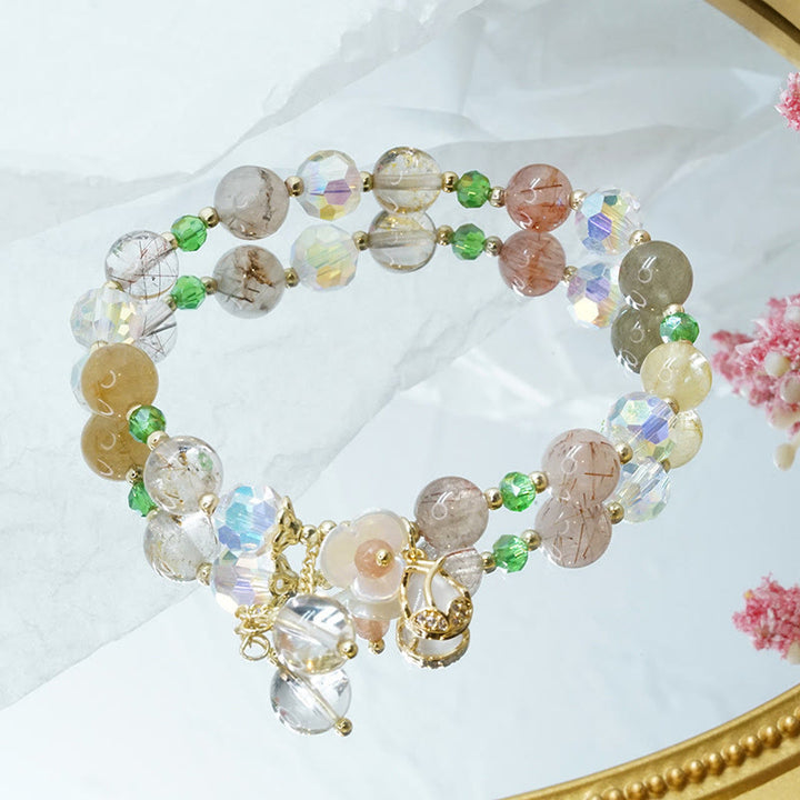 Buddha Stones Kwarc truskawkowy Kwarc rutylowy Fluoryt Bransoletka lecznicza z kwiatem