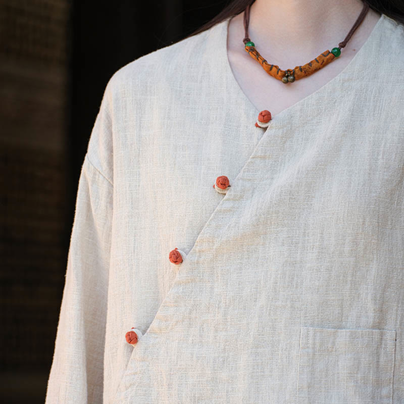 Buddha Stones Jednolity Kolor Ramie Len Luźna Bluzka Długi Rękaw Koszula Chiński Hanfu Top - image 8