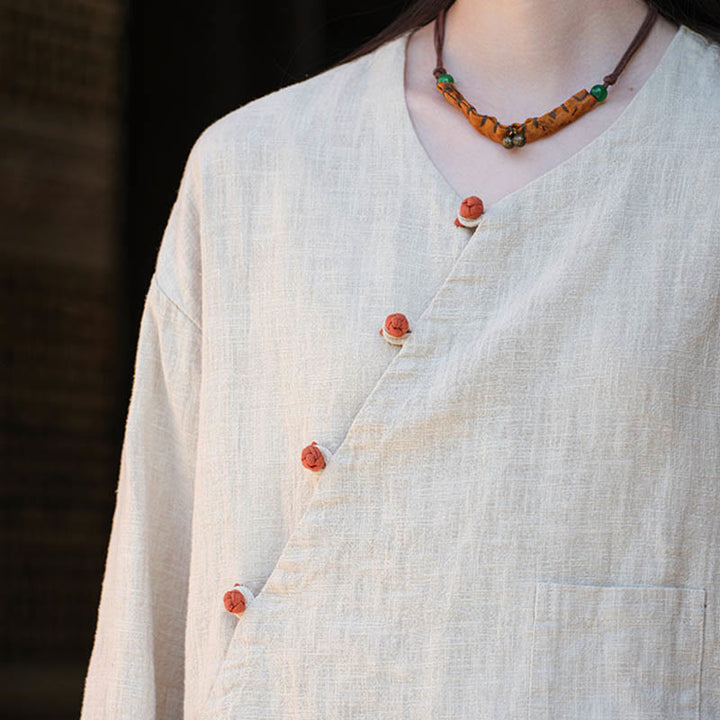Buddha Stones Jednolity Kolor Ramie Len Luźna Bluzka Długi Rękaw Koszula Chiński Hanfu Top - image 8