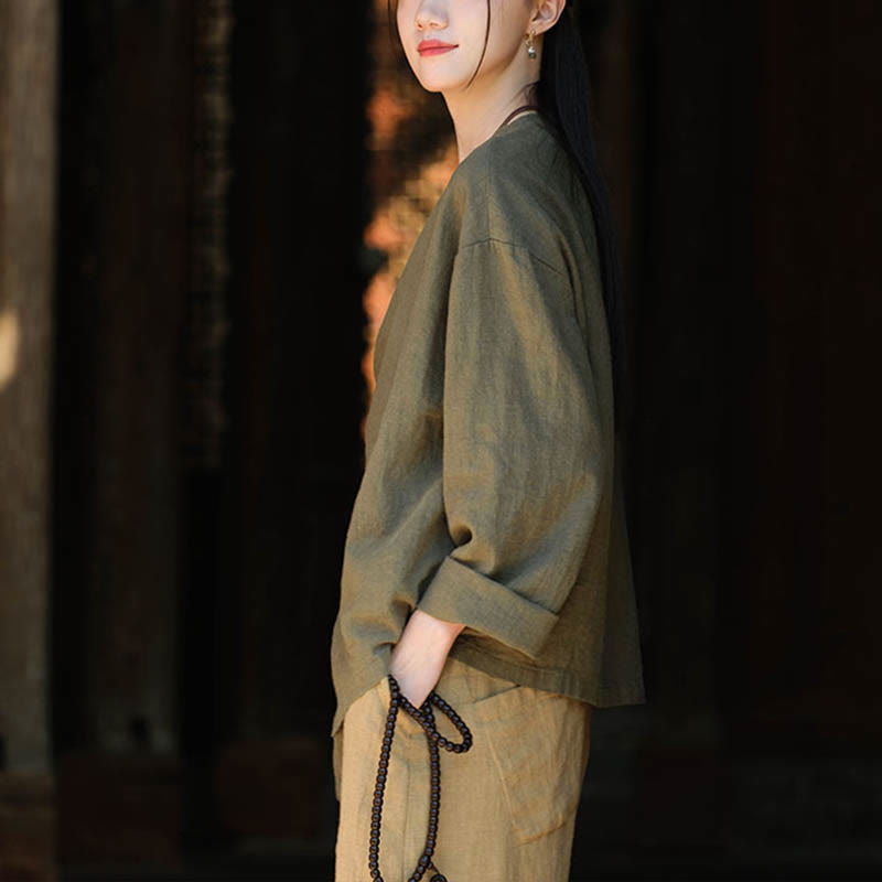 Buddha Stones Jednolity Kolor Ramie Len Luźna Bluzka Długi Rękaw Koszula Chiński Hanfu Top - image 13