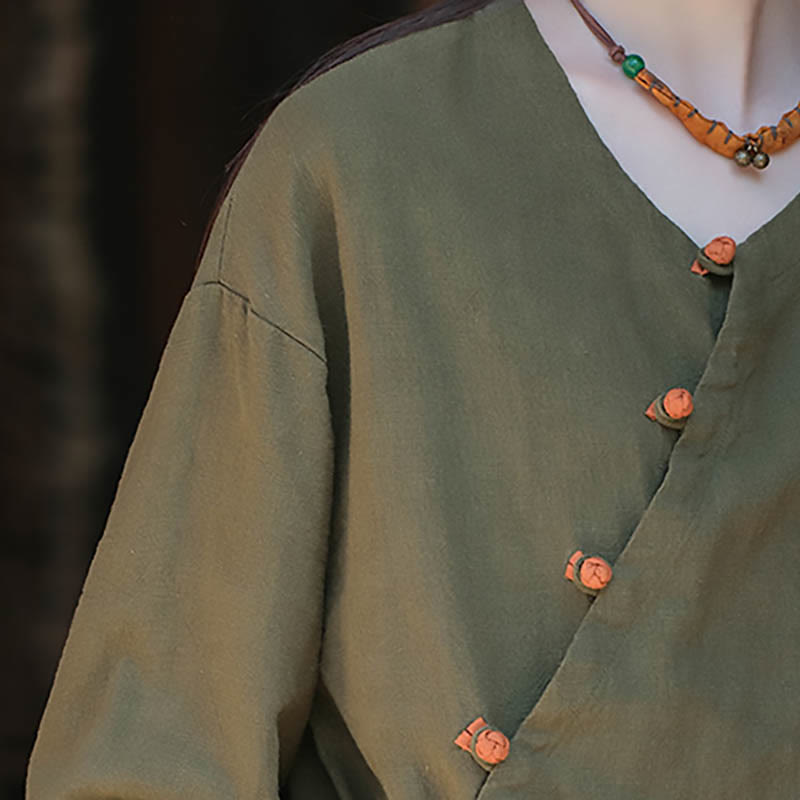 Buddha Stones Jednolity Kolor Ramie Len Luźna Bluzka Długi Rękaw Koszula Chiński Hanfu Top - image 15