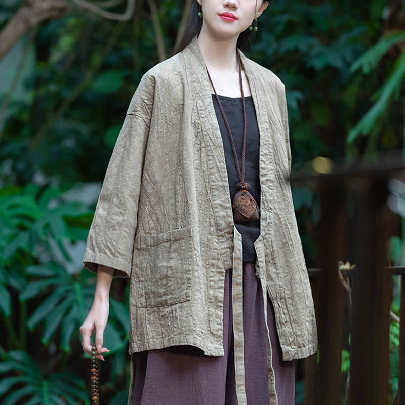Buddha Stones Hanfu Design Płaszcz z lnu ramia z rękawami trzy czwarte i otwartym przodem - image 2