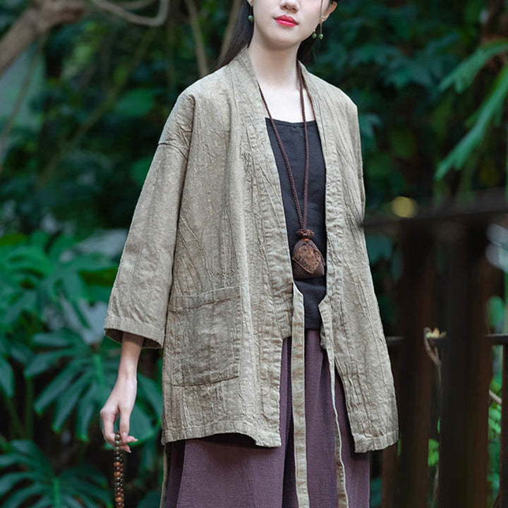 Buddha Stones Hanfu Design Płaszcz z lnu ramia z rękawami trzy czwarte i otwartym przodem - image 2