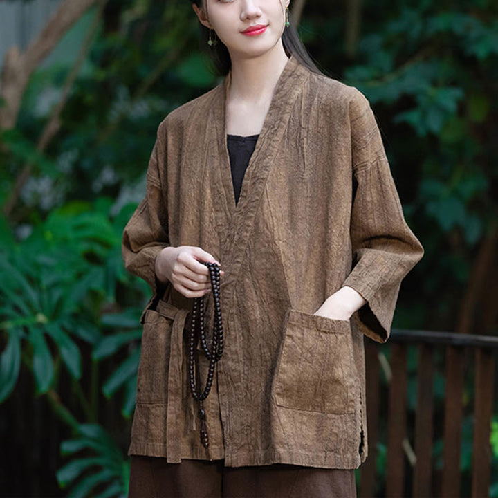 Buddha Stones Hanfu Design Płaszcz z lnu ramia z rękawami trzy czwarte i otwartym przodem - image 16