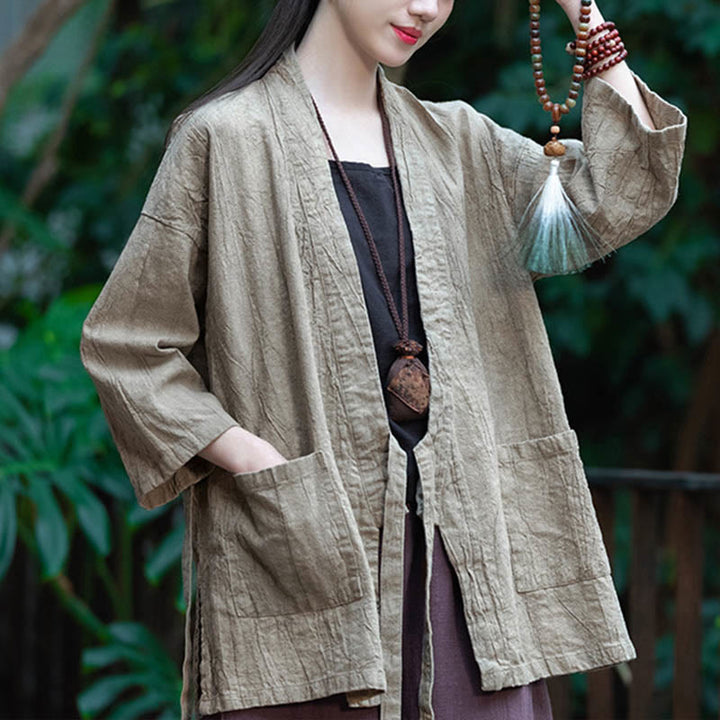 Buddha Stones Hanfu Design Płaszcz z lnu ramia z rękawami trzy czwarte i otwartym przodem - image 7