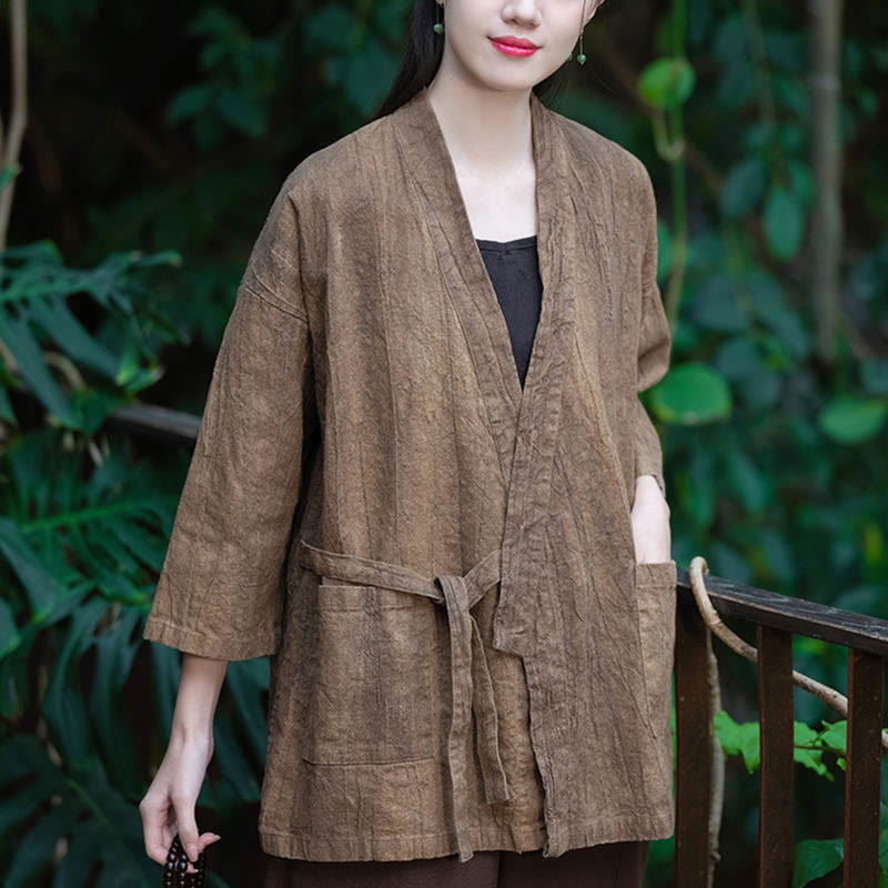 Buddha Stones Hanfu Design Płaszcz z lnu ramia z rękawami trzy czwarte i otwartym przodem - image 15