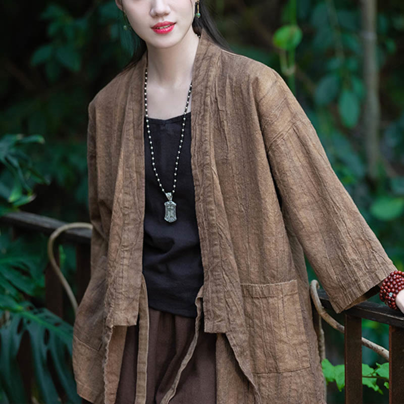 Buddha Stones Hanfu Design Płaszcz z lnu ramia z rękawami trzy czwarte i otwartym przodem - image 18