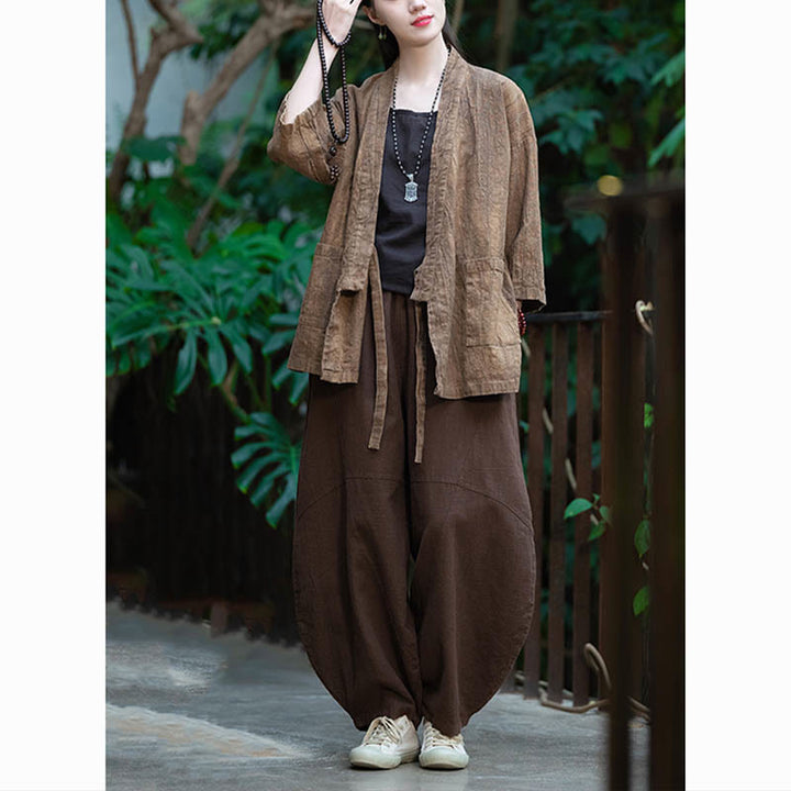Buddha Stones Hanfu Design Płaszcz z lnu ramia z rękawami trzy czwarte i otwartym przodem - image 25