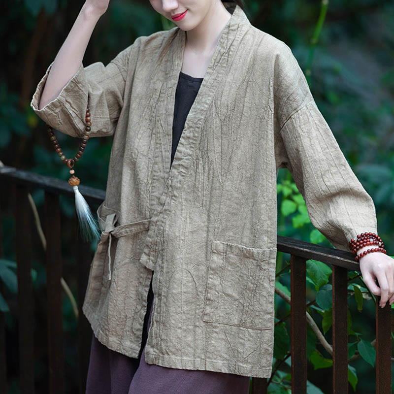 Buddha Stones Hanfu Design Płaszcz z lnu ramia z rękawami trzy czwarte i otwartym przodem - image 3