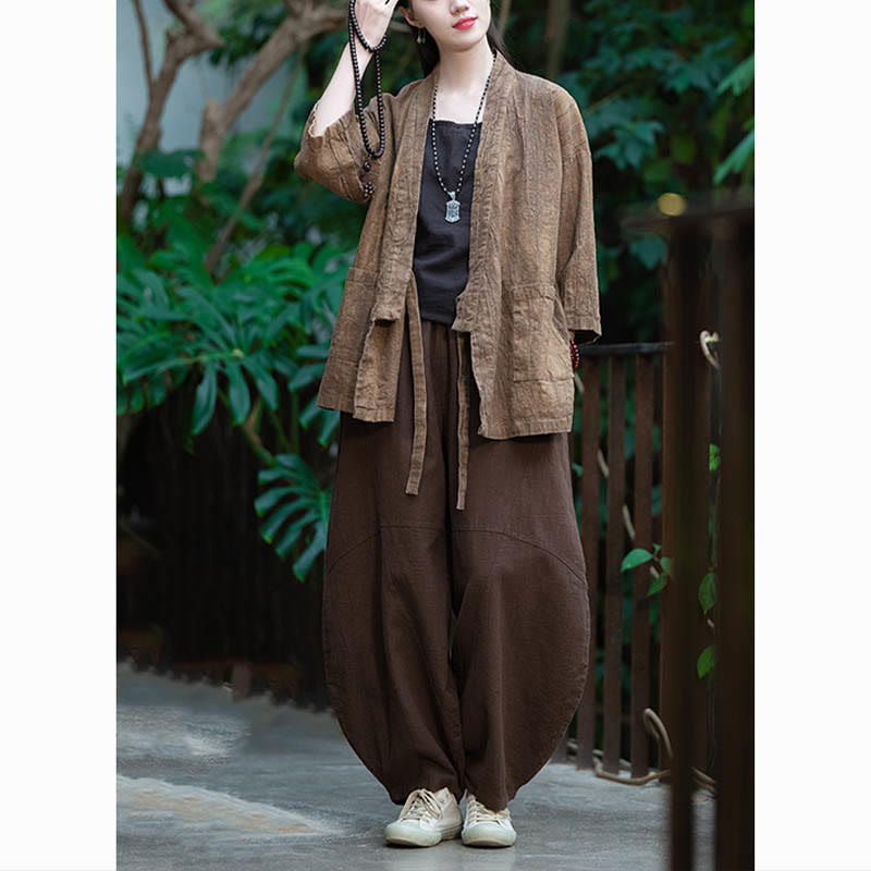 Buddha Stones Hanfu Design Płaszcz z lnu ramia z rękawami trzy czwarte i otwartym przodem - image 25