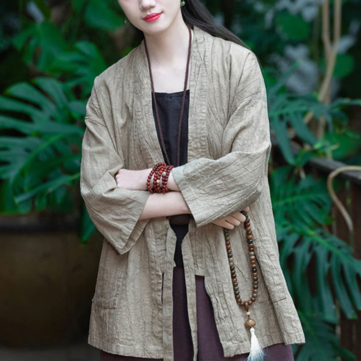 Buddha Stones Hanfu Design Płaszcz z lnu ramia z rękawami trzy czwarte i otwartym przodem - image 5
