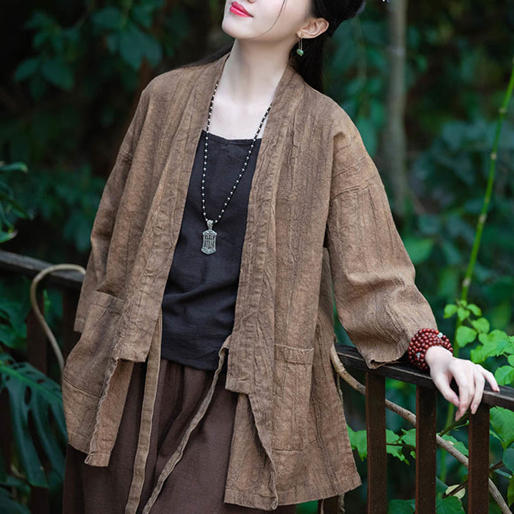 Buddha Stones Hanfu Design Płaszcz z lnu ramia z rękawami trzy czwarte i otwartym przodem - image 19