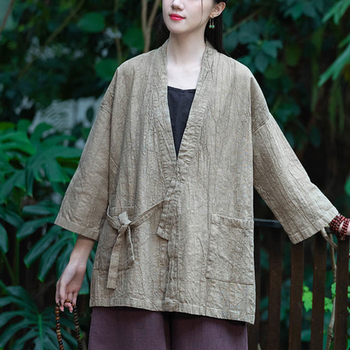 Buddha Stones Hanfu Design Płaszcz z lnu ramia z rękawami trzy czwarte i otwartym przodem - image 4