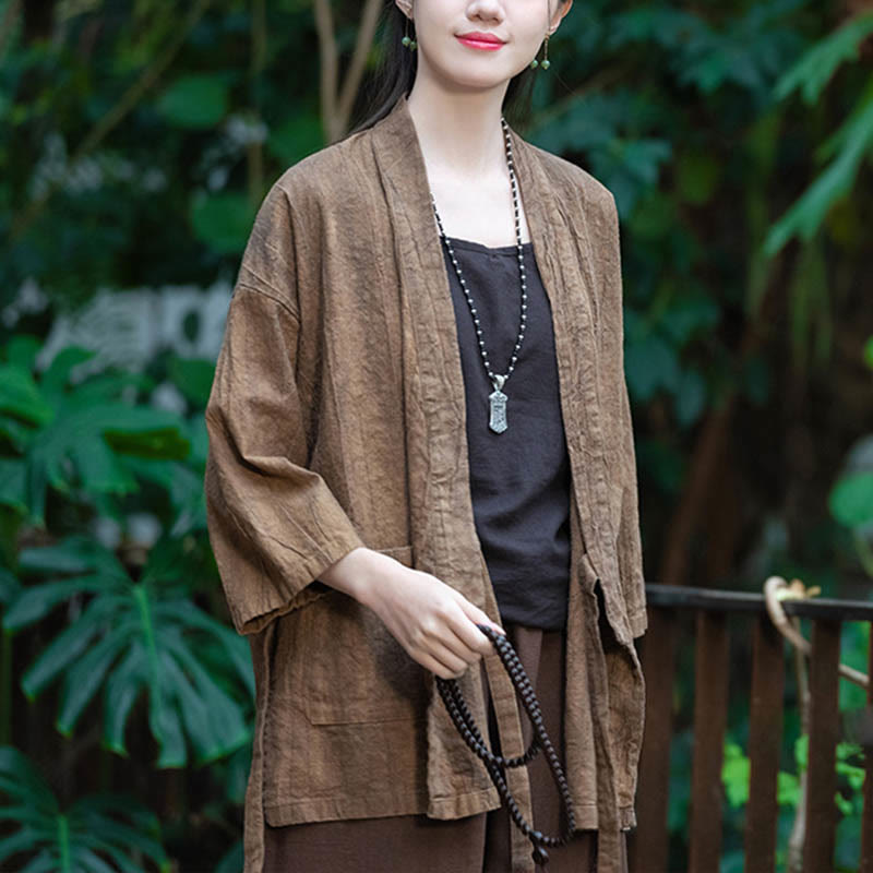 Buddha Stones Hanfu Design Płaszcz z lnu ramia z rękawami trzy czwarte i otwartym przodem - image 20
