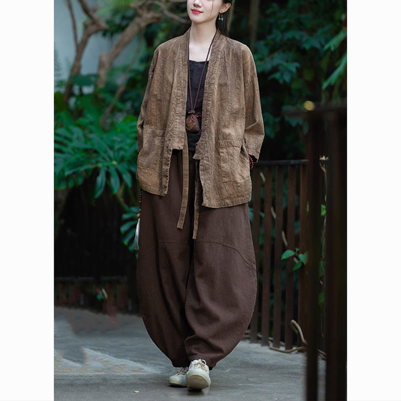 Buddha Stones Hanfu Design Płaszcz z lnu ramia z rękawami trzy czwarte i otwartym przodem - image 24