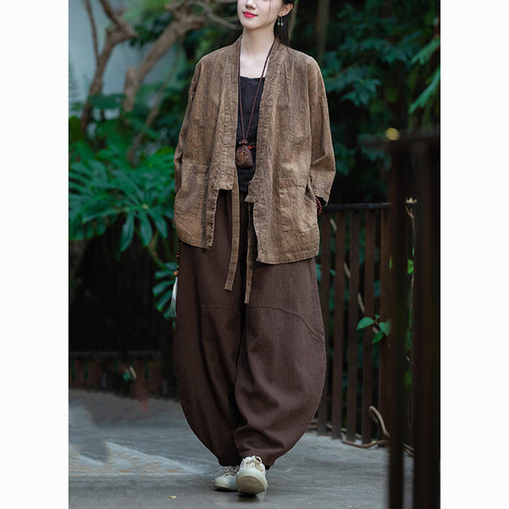 Buddha Stones Hanfu Design Płaszcz z lnu ramia z rękawami trzy czwarte i otwartym przodem - image 24