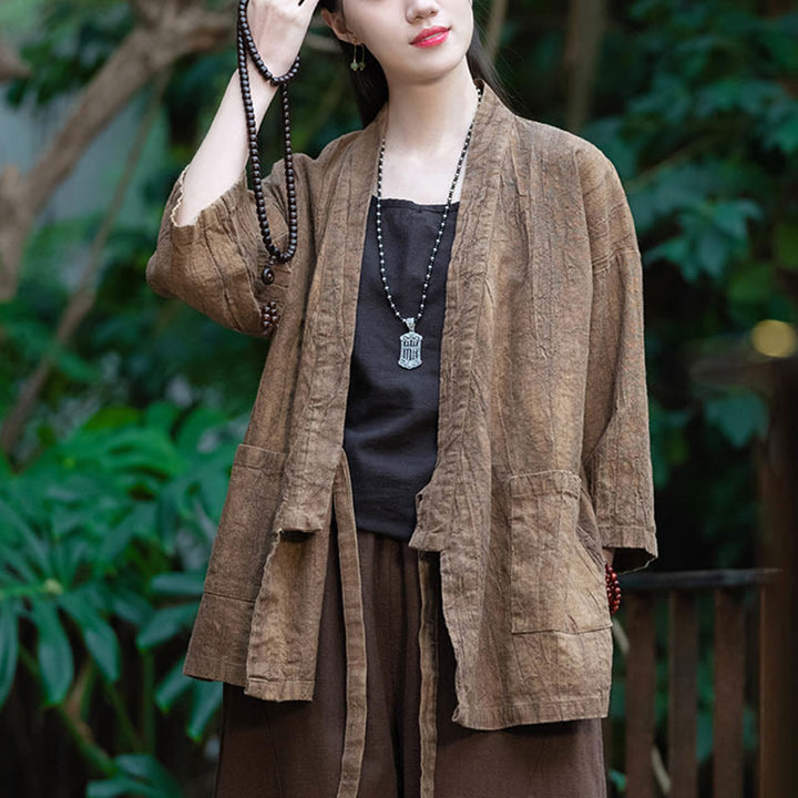 Buddha Stones Hanfu Design Płaszcz z lnu ramia z rękawami trzy czwarte i otwartym przodem - image 14