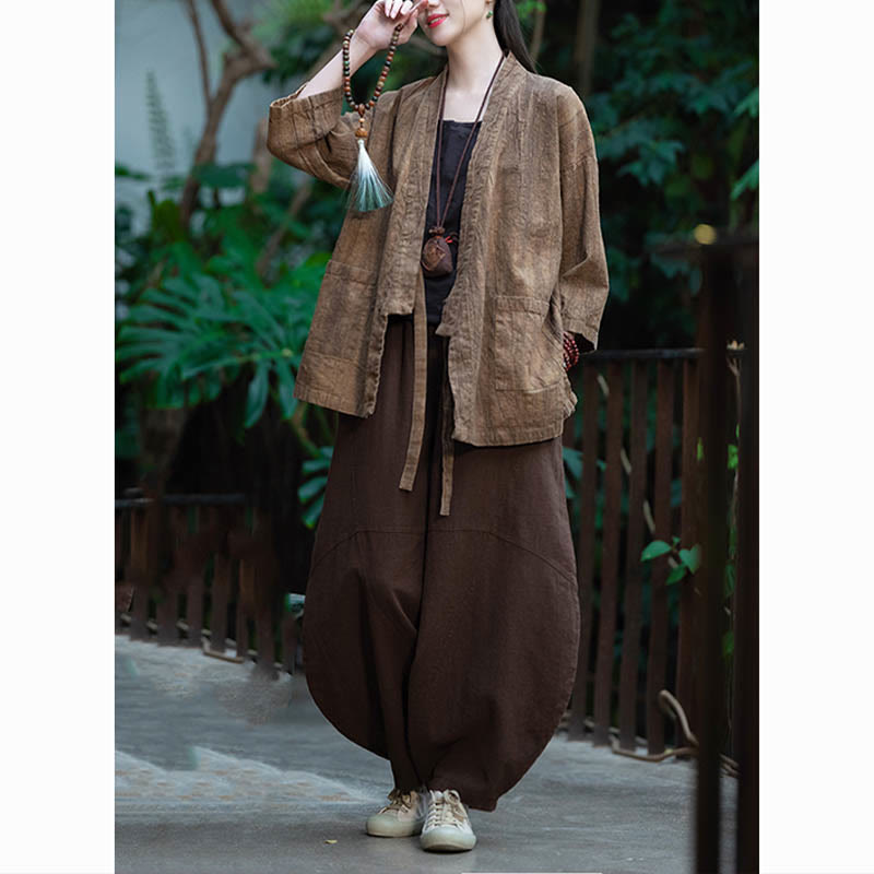 Buddha Stones Hanfu Design Płaszcz z lnu ramia z rękawami trzy czwarte i otwartym przodem - image 23