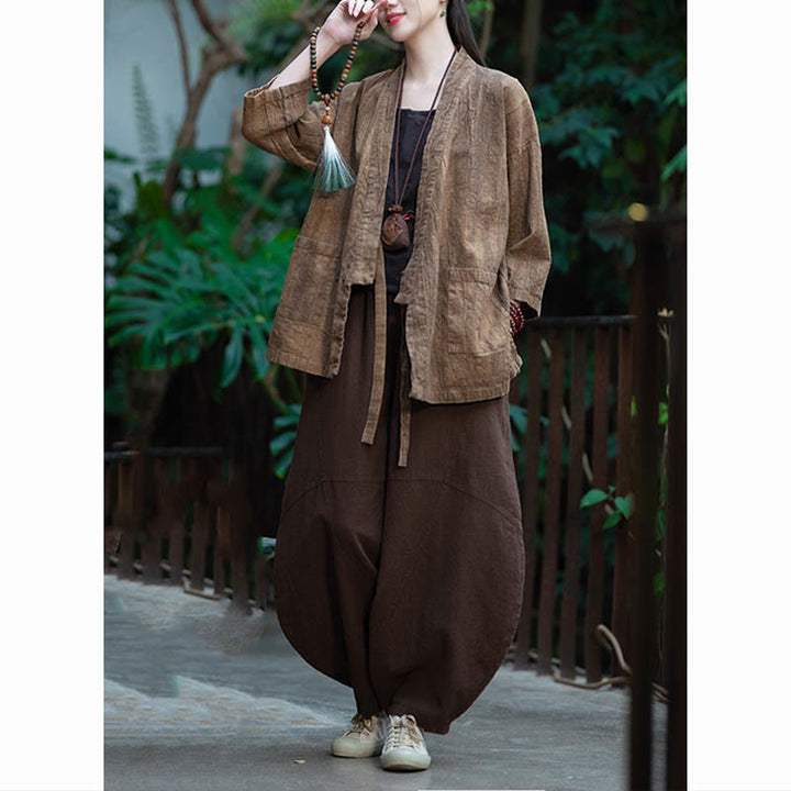 Buddha Stones Hanfu Design Płaszcz z lnu ramia z rękawami trzy czwarte i otwartym przodem - image 23