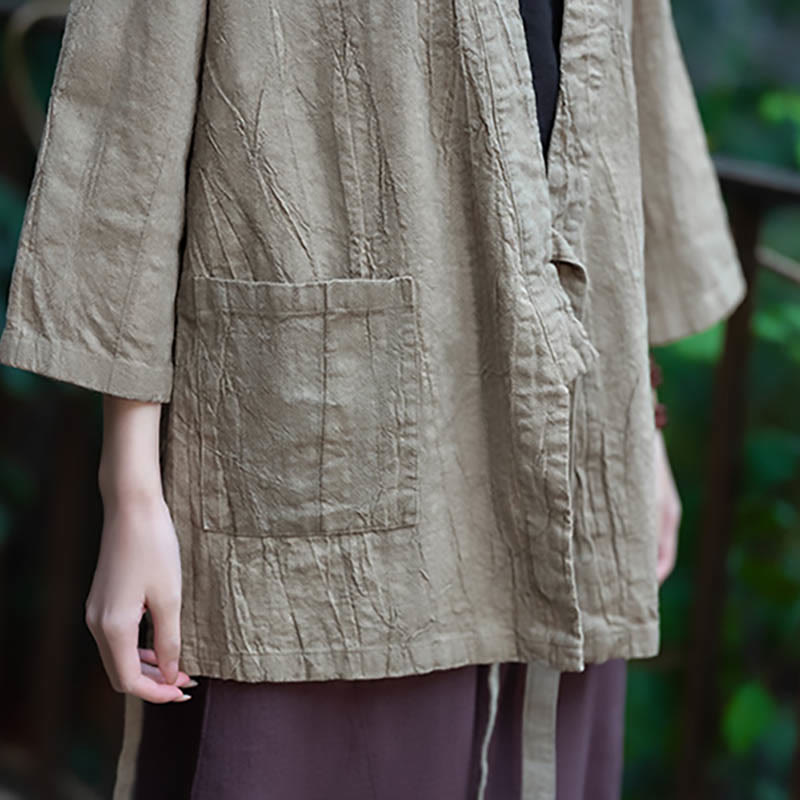 Buddha Stones Hanfu Design Płaszcz z lnu ramia z rękawami trzy czwarte i otwartym przodem - image 12