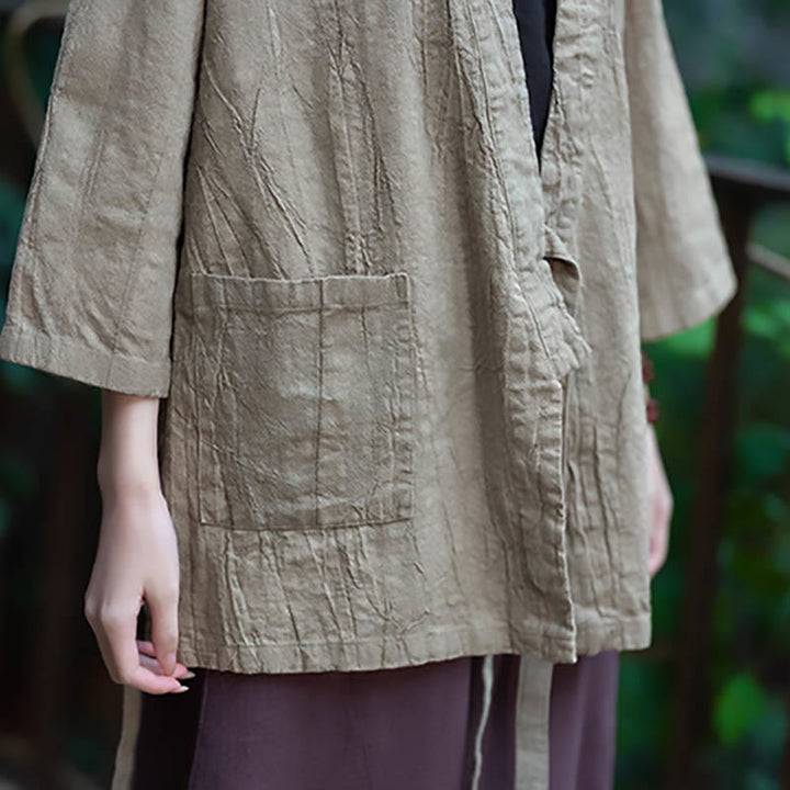 Buddha Stones Hanfu Design Płaszcz z lnu ramia z rękawami trzy czwarte i otwartym przodem - image 12