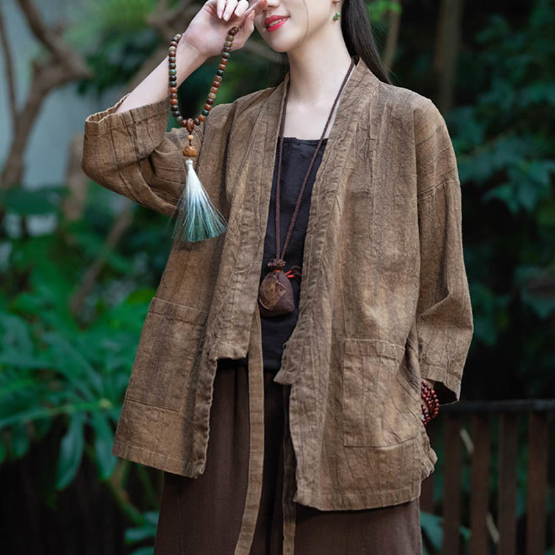 Buddha Stones Hanfu Design Płaszcz z lnu ramia z rękawami trzy czwarte i otwartym przodem - image 22